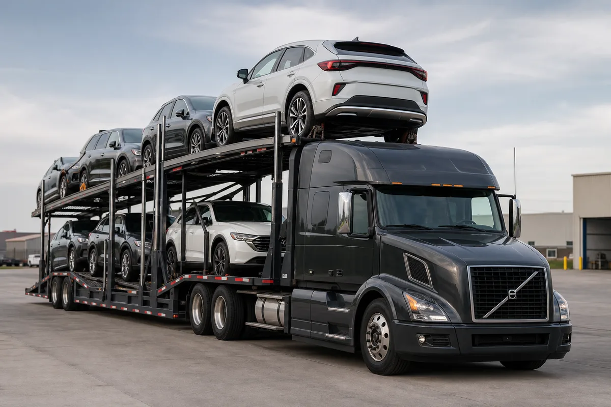 Open interstate vehicle transport truck and trailer